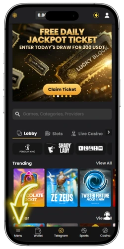 Lucky Block Casino login screen with Menu button in bottom left corner
