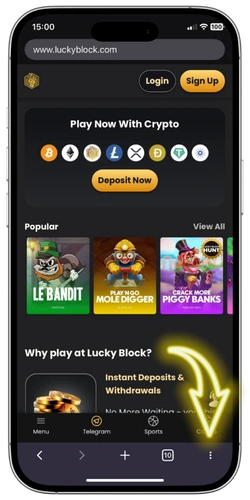 Lucky Block Casino app open site and tap browser menu