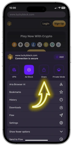 Lucky Block Casino app tap Share in browser menu