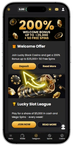 Lucky Block Casino Welcome Bonus card with Deposit button at top of Promotions page